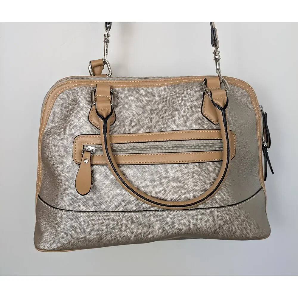 Giani Bernini Crossbody Satchel Bag Champagne Gold / Beige Tan Trim Convertible